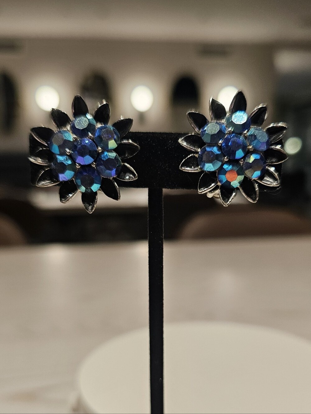 Vintage Lisner Blue AB Rhinestone Flower Clip On Earrings